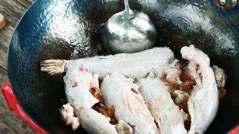 Frying Puffer Fish Stock Footage 129450984