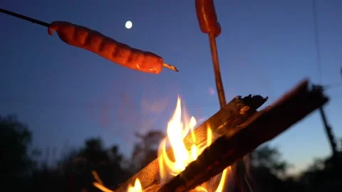 Frying sausages over a fire on a moonlit night Видео 136422236