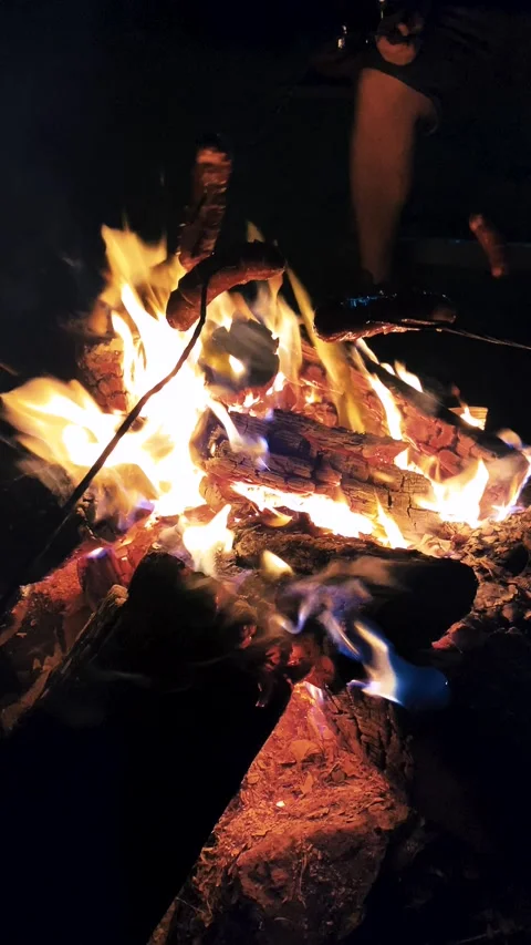 Frying sausages over a fire. Vertical video. Stock Footage 205398032
