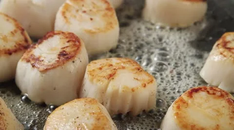 Frying scallops in a pan Stock Footage 24662884