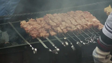 Frying shish kebabs Stock Footage 83725284