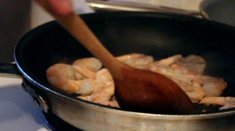 Frying Shrimp In A Pan Stock Footage 37961582