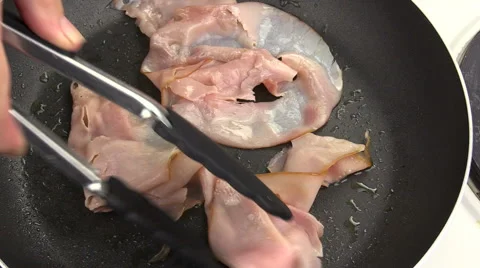 Frying Sliced Ham In Pan Stock Footage 62020718