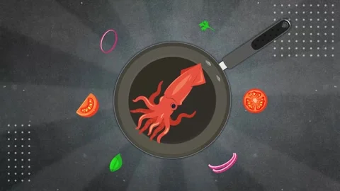 Frying squid on a pan Stock Footage 303817567