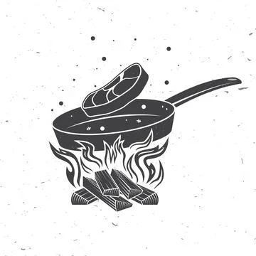 Frying steak on cooking pan. Vector illustration. Pork and beef steaks cook.. Stock Illustration