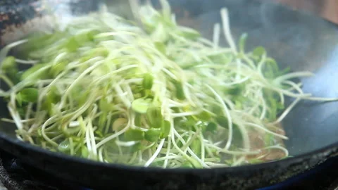 Frying sunflower sprouts with sauce in pan, in door Chiangmai Thailand. Stock Footage 169018346