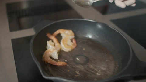 Frying Tiger Prawns In Pan Stock Footage 147995820