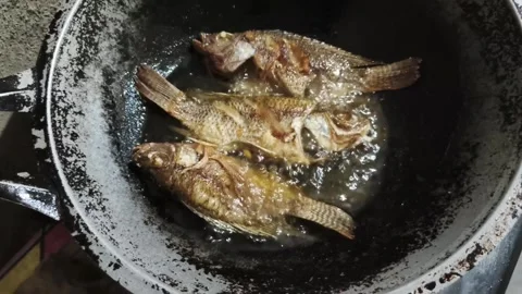 Frying Tilapia Fish in Hot Oil , Traditional Indonesian Cooking Stock Footage 327936351