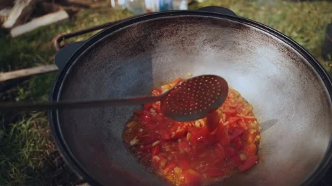 Frying tomatoes in a frying pan on a campfire in the forest Stock Footage 209161553