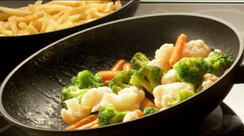 Frying Vegetables in Slow Motion Stock Footage