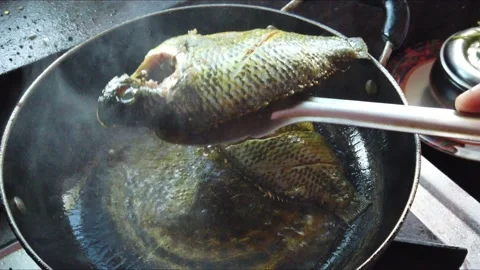 Frying whole tilapia fish in cooking oil Stock Footage 226416710