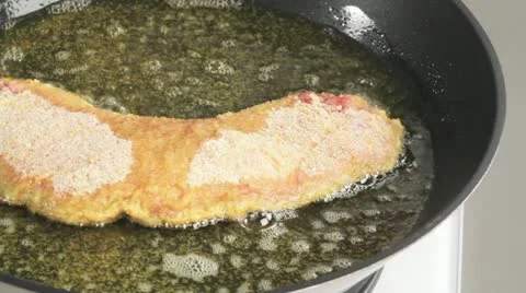 Frying Wiener Schnitzel in a pan Stock Footage 24663277