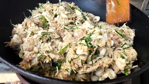 Frying young jackfruits with chili paste in pan , Thai northern food. Stock Footage 306845851