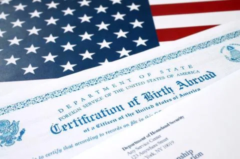 Fs-545 Certification of birth abroad lies on United States flag with envelope Stock Photos