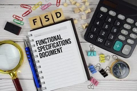 FSD - Functional Specifications Document acronym on notepad, business and f.. Stock Photos