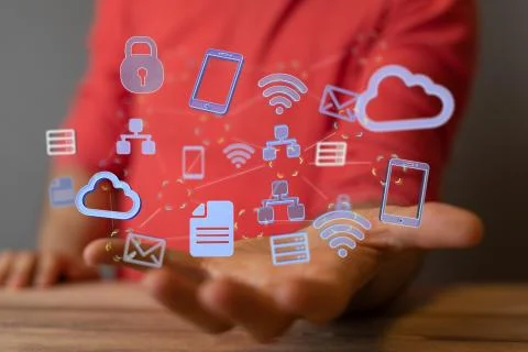 An FTP concept. Man holding virtual infographics depicting cloud data and inf Stock Photos