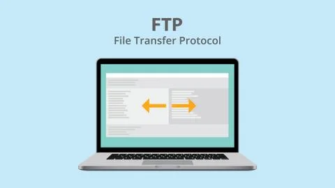 Ftp file transfer protocol with data exchange on laptop Stock Illustration