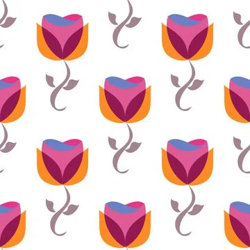 Fuchsia, Blue And Orange Vector Repeat Floral Pattern On White Inspired By 19 스톡 일러스트