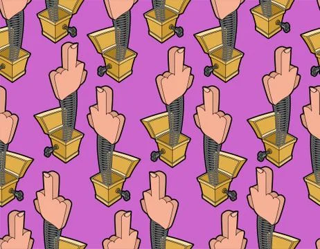 Fuck out of prank box pattern seamless. Funny prize middle finger background. Stock Illustration