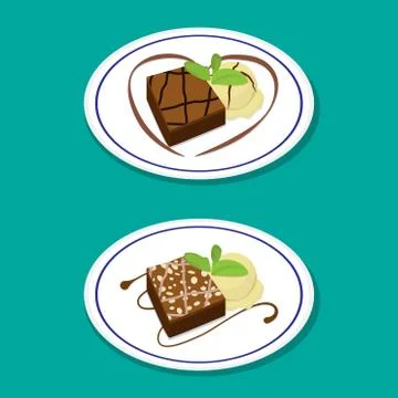 Fudge Brownie on dish with icecream, vector Stock Illustration