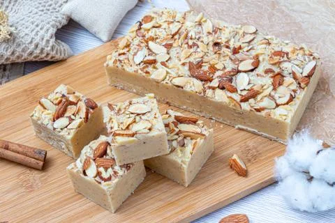 Fudge on a light table with nuts Stock Photos