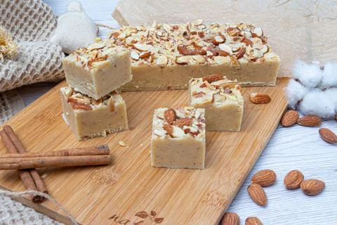 Fudge on a light table with nuts Stock Photos