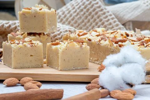 Fudge on a light table with nuts Stock Photos
