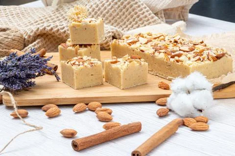 Fudge on a light table with nuts Stock Photos