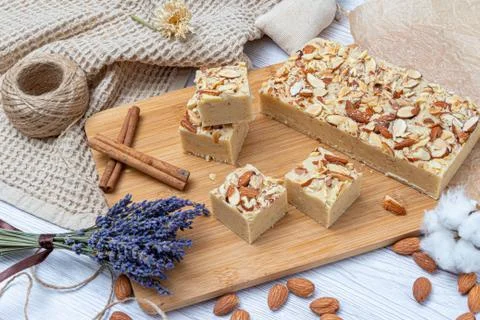 Fudge on a light table with nuts Stock Photos