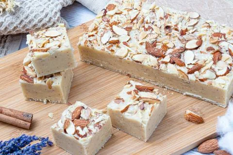 Fudge on a light table with nuts Stock Photos