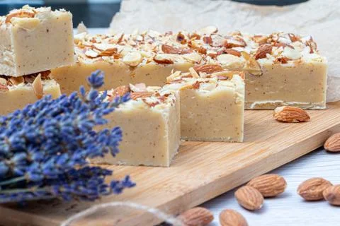 Fudge on a light table with nuts Stock Photos