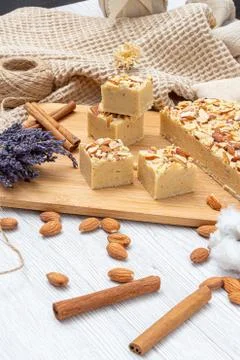 Fudge on a light table with nuts Stock Photos