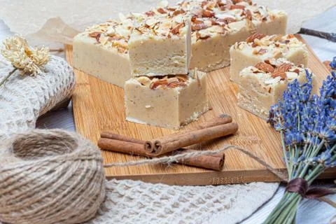 Fudge on a light table with nuts Stock Photos