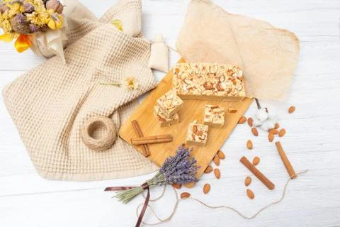 Fudge on a light table with nuts Stock Photos