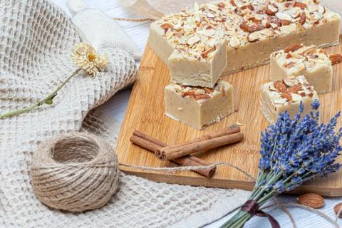 Fudge on a light table with nuts Stock Photos