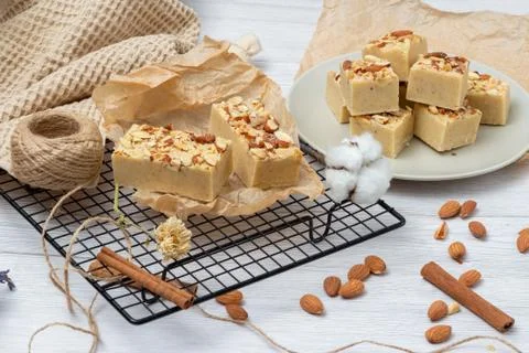 Fudge on a light table with nuts Stock Photos