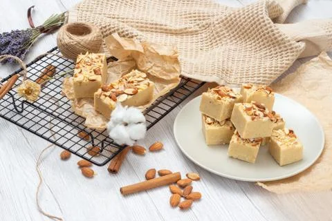 Fudge on a light table with nuts Stock Photos