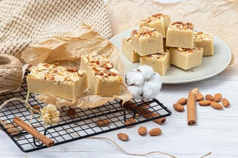 Fudge on a light table with nuts Stock Photos