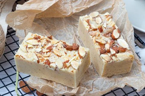 Fudge on a light table with nuts Stock Photos