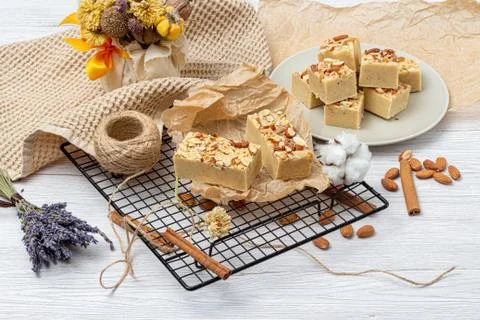 Fudge on a light table with nuts Stock Photos