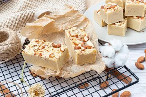 Fudge on a light table with nuts Stock Photos