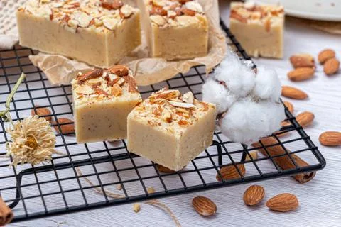 Fudge on a light table with nuts Stock Photos