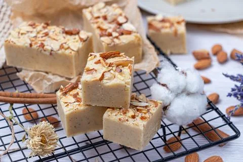 Fudge on a light table with nuts Stock Photos