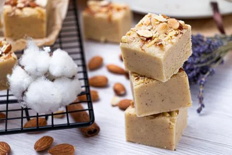 Fudge on a light table with nuts Stock Photos