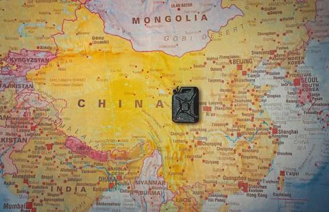 Fuel canister on map of China. Stock Photos