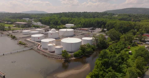 Fuel Depot and white storage tanks in Newburgh New York Stock Footage 346422111