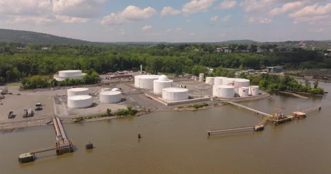 Fuel Depot and white storage tanks in Newburgh New York Stock Footage 346440672