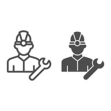 Fuel engineer line and solid icon. Oil miner man, construction worker in helmet Stockillustratie