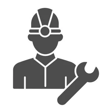 Fuel engineer solid icon. Oil miner man, construction worker in helmet with Stock Illustration