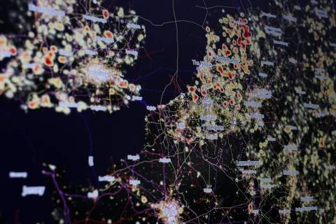 Fuel gas and electricity infrastructure Europe night map Computer screen shot Stock Photos